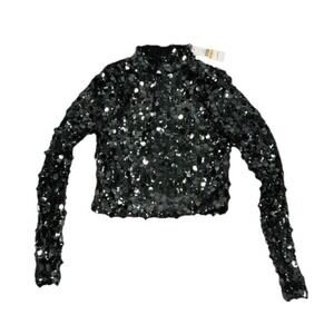 NEW DKNY Gunmetal Green Sequin Top Large Long Sleeve Crop Mock Neck Mesh Lined